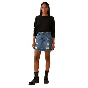 H&M Distressed Denim Mini Skirt Size 10 Raw Hem Y2K Grunge Ripped Streetwear